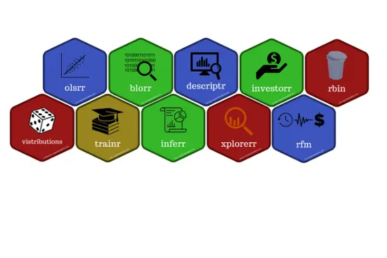 Hex stickers of Rsquared Academy R packages